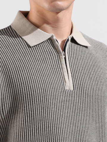 Men's Black Slim Fit Textured Flat Knit Polo Collar T-Shirt