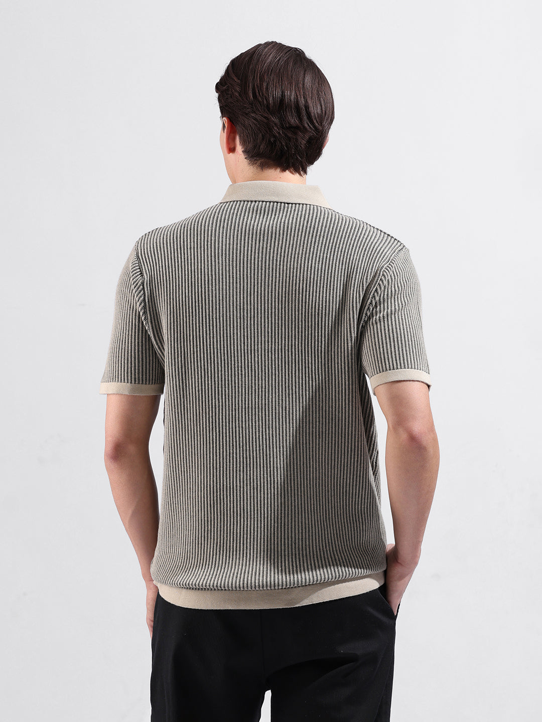 Men's Black Slim Fit Textured Flat Knit Polo Collar T-Shirt