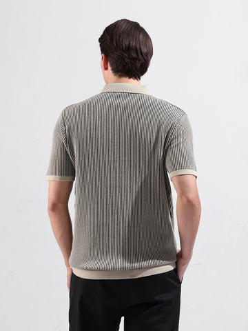 Men's Black Slim Fit Textured Flat Knit Polo Collar T-Shirt