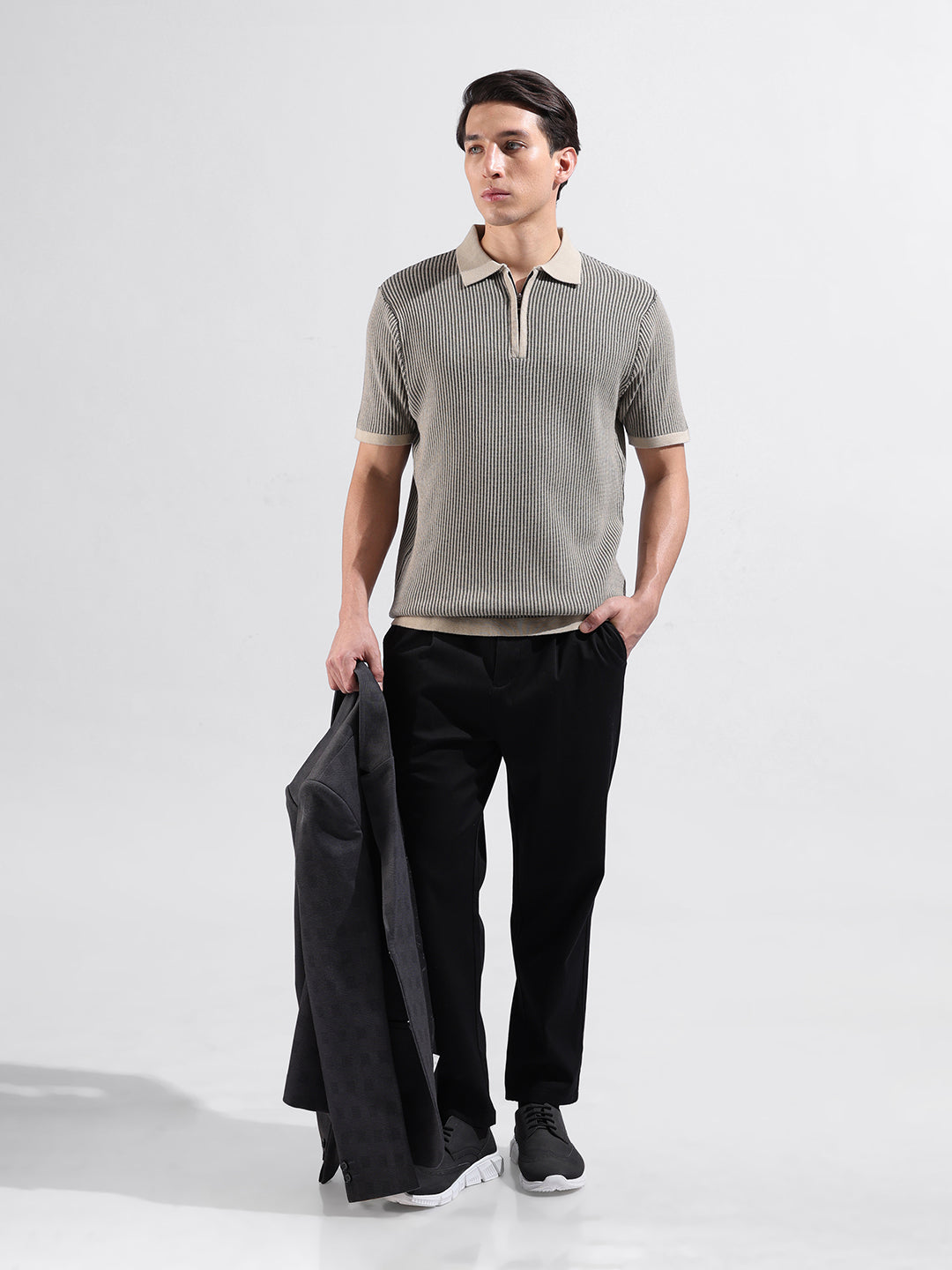 Men's Black Slim Fit Textured Flat Knit Polo Collar T-Shirt