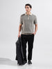 Men's Black Slim Fit Textured Flat Knit Polo Collar T-Shirt