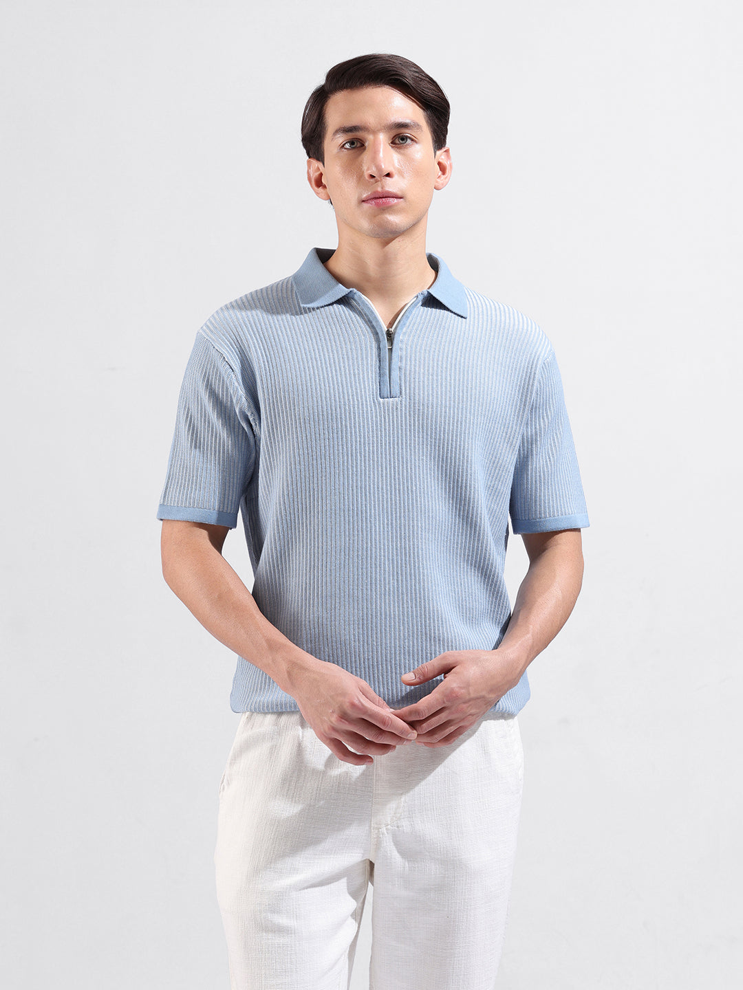 Men's Blue Slim Fit Textured Flat Knit Polo Collar T-Shirt