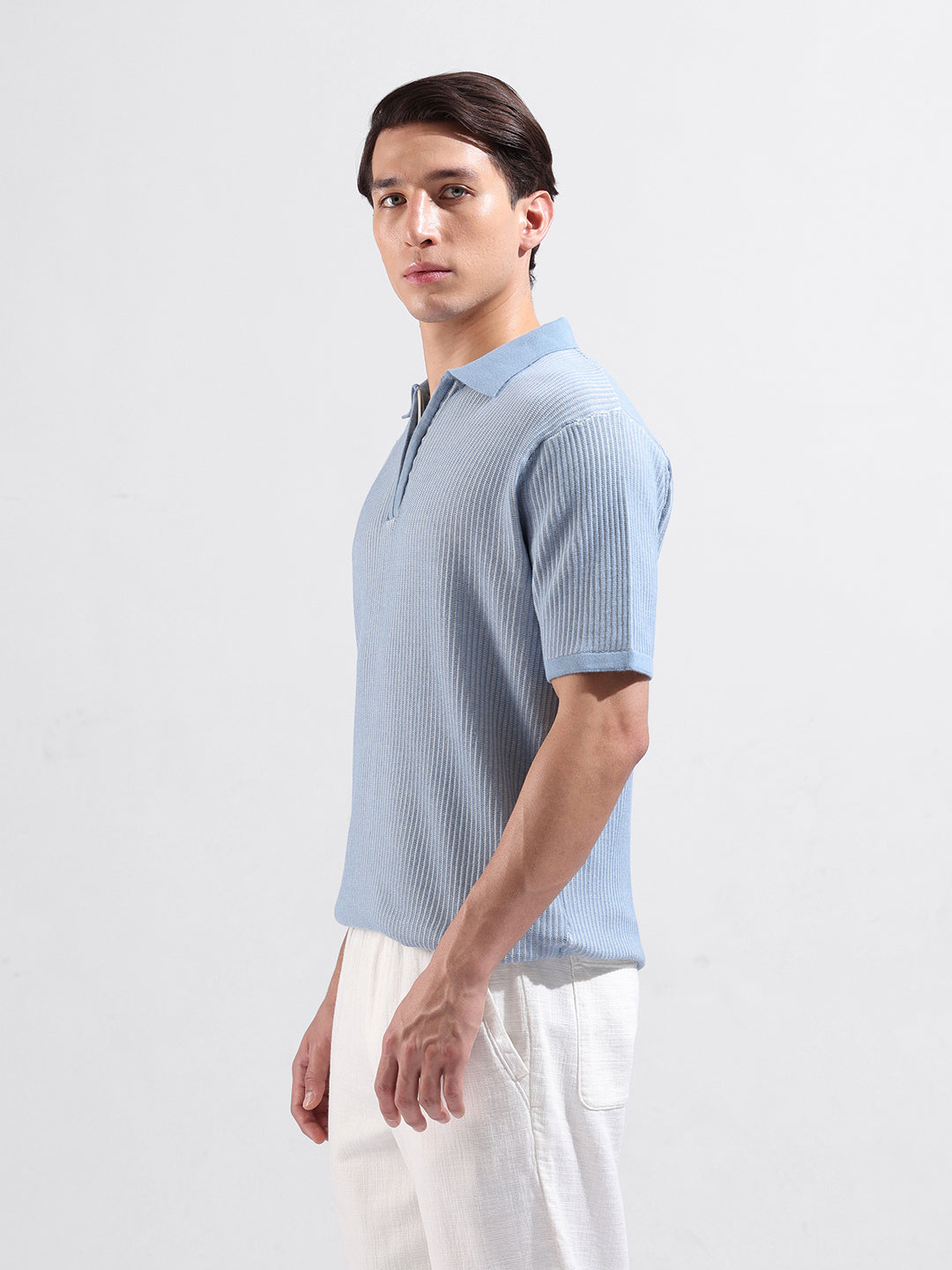 Men's Blue Slim Fit Textured Flat Knit Polo Collar T-Shirt