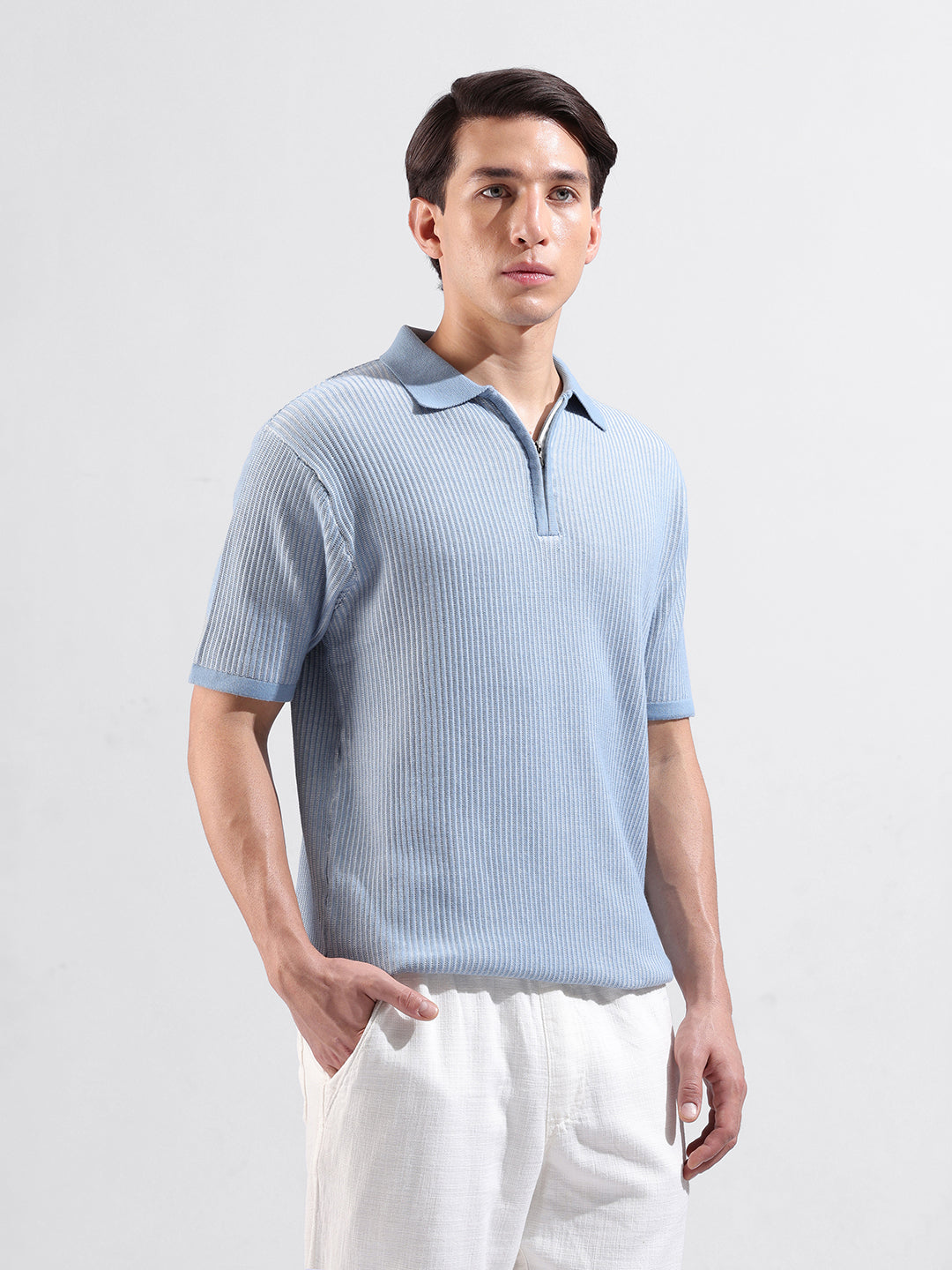 Men's Blue Slim Fit Textured Flat Knit Polo Collar T-Shirt