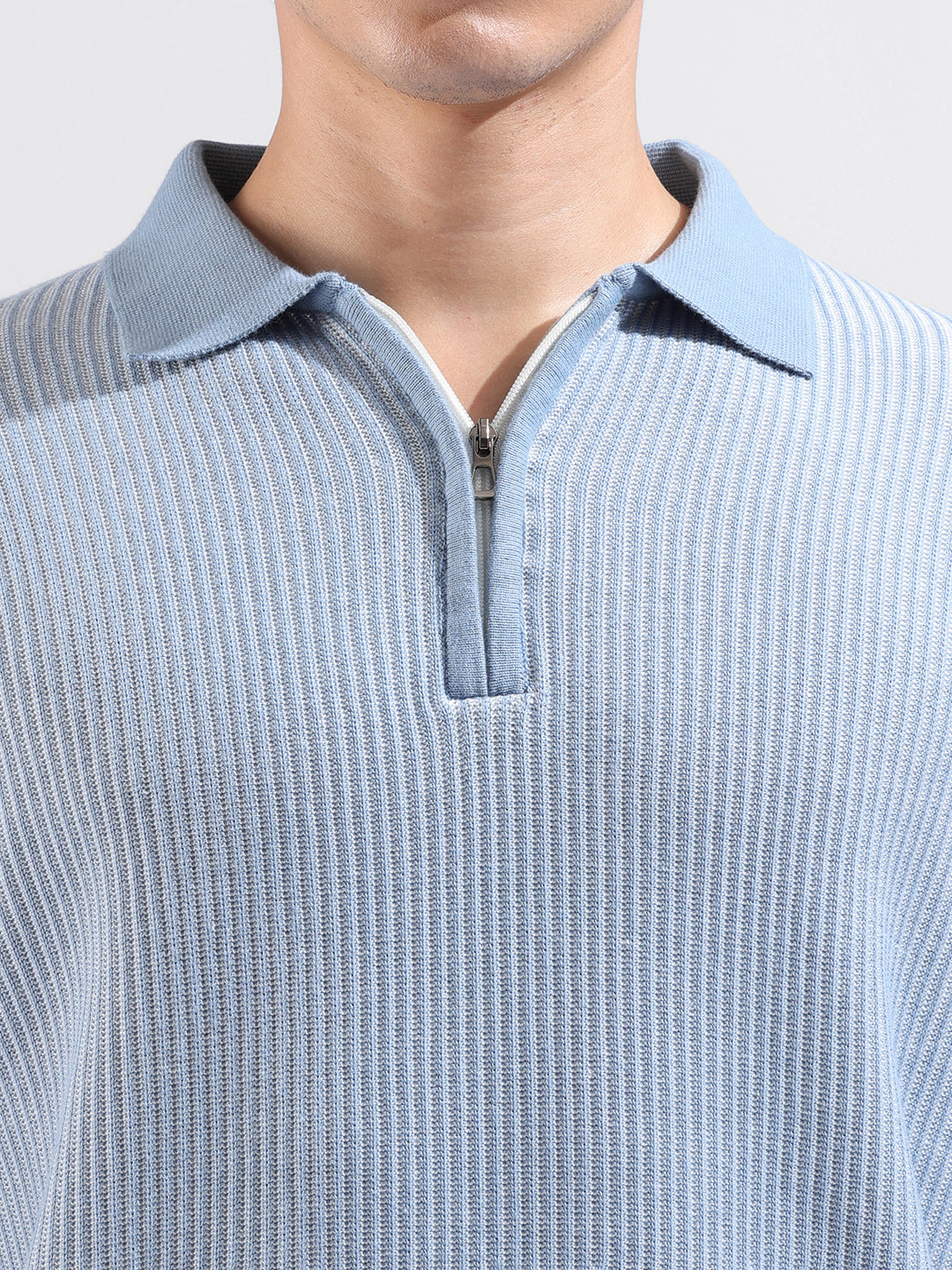 Men's Blue Slim Fit Textured Flat Knit Polo Collar T-Shirt