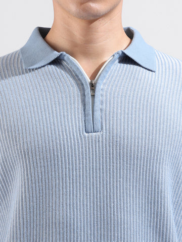 Men's Blue Slim Fit Textured Flat Knit Polo Collar T-Shirt