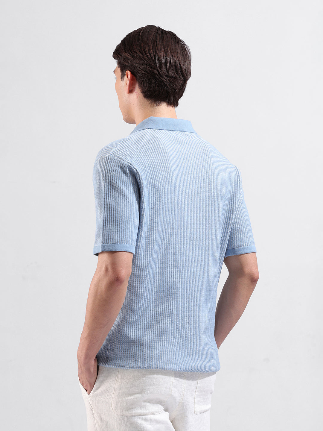 Men's Blue Slim Fit Textured Flat Knit Polo Collar T-Shirt