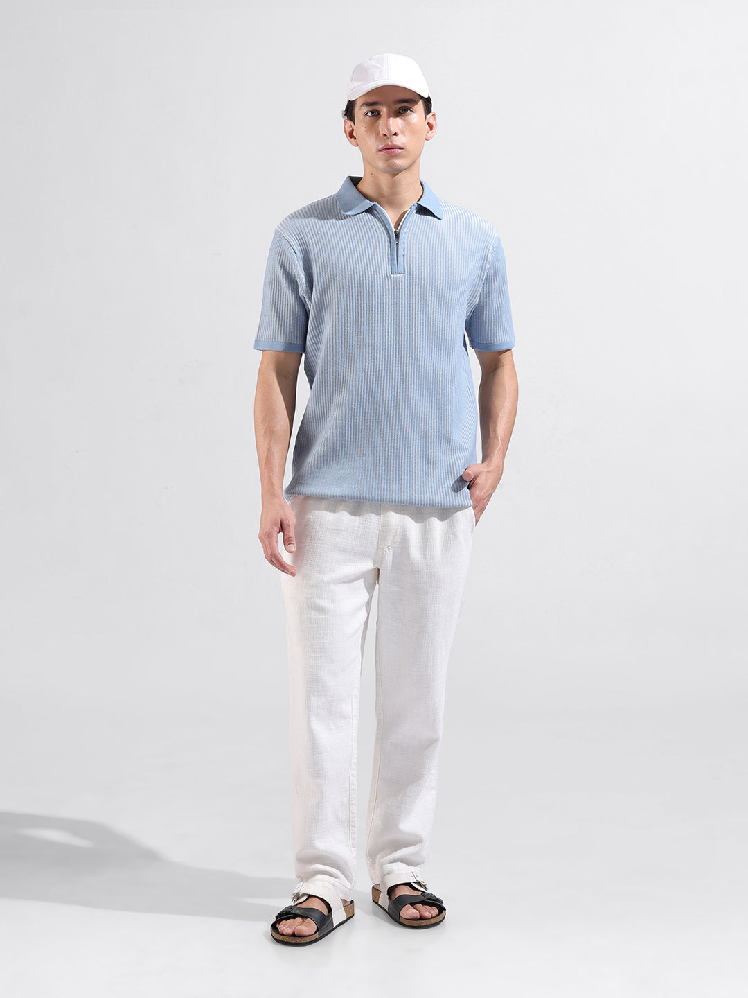 Men's Blue Slim Fit Textured Flat Knit Polo Collar T-Shirt