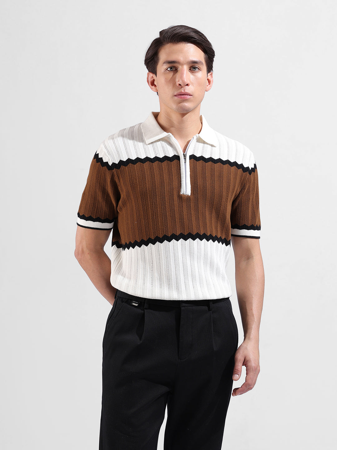 Men's White Slim Fit Textured Flat Knit Polo Collar T-Shirt