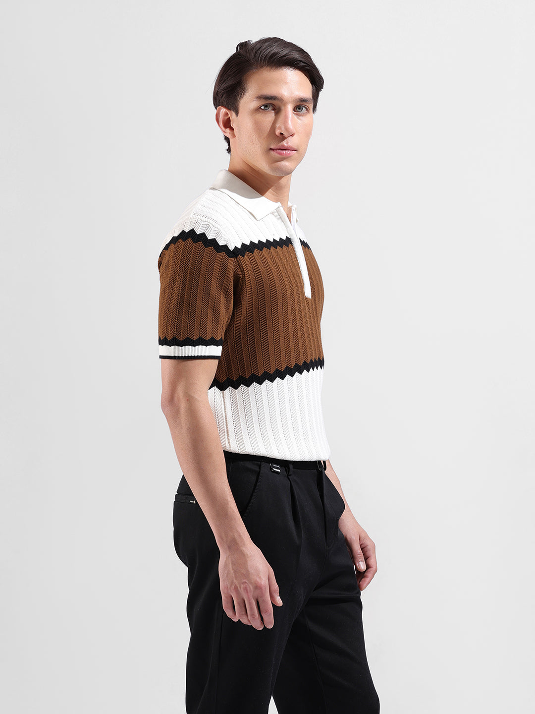Men's White Slim Fit Textured Flat Knit Polo Collar T-Shirt