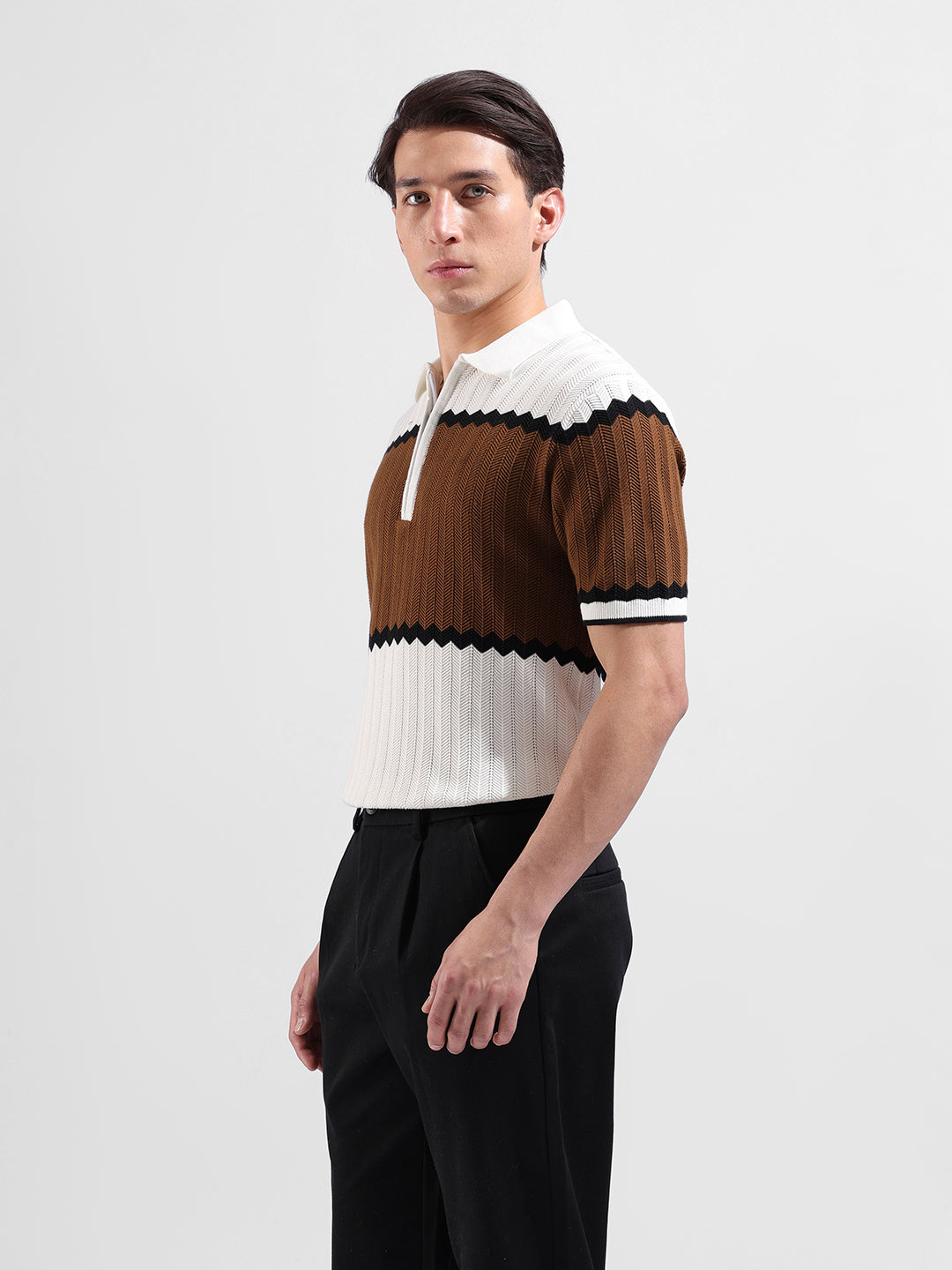 Men's White Slim Fit Textured Flat Knit Polo Collar T-Shirt