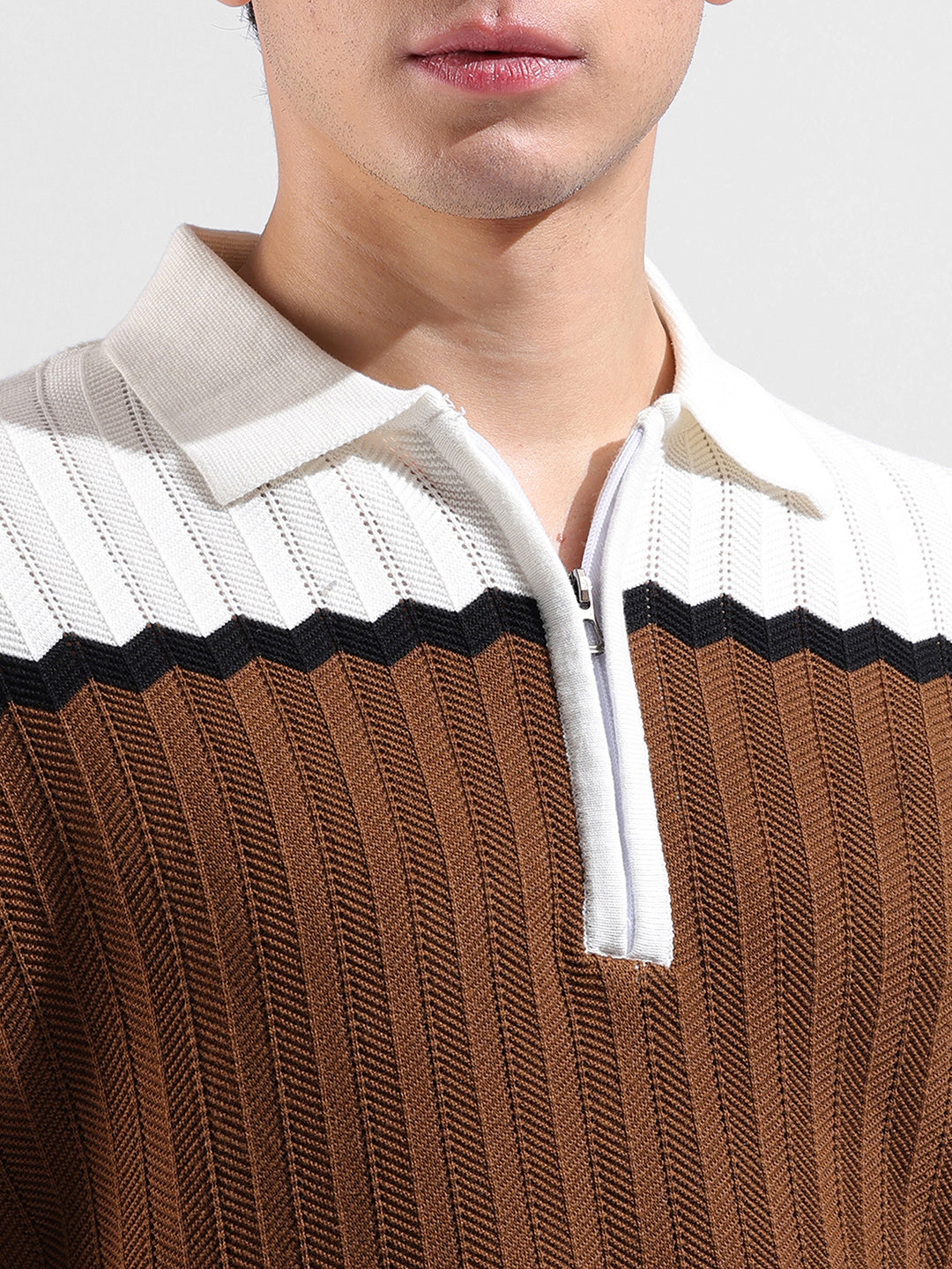 Men's White Slim Fit Textured Flat Knit Polo Collar T-Shirt
