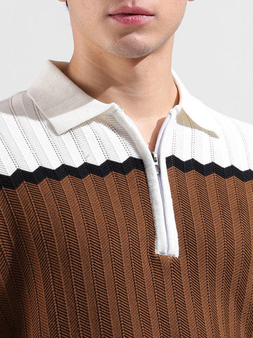 Men's White Slim Fit Textured Flat Knit Polo Collar T-Shirt