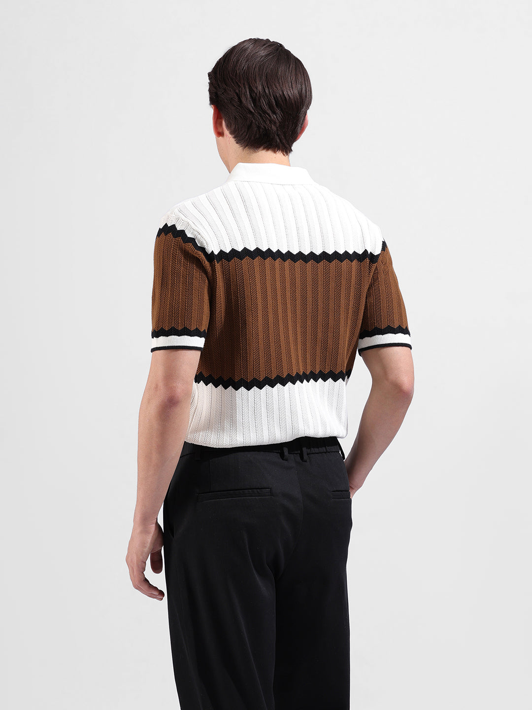 Men's White Slim Fit Textured Flat Knit Polo Collar T-Shirt