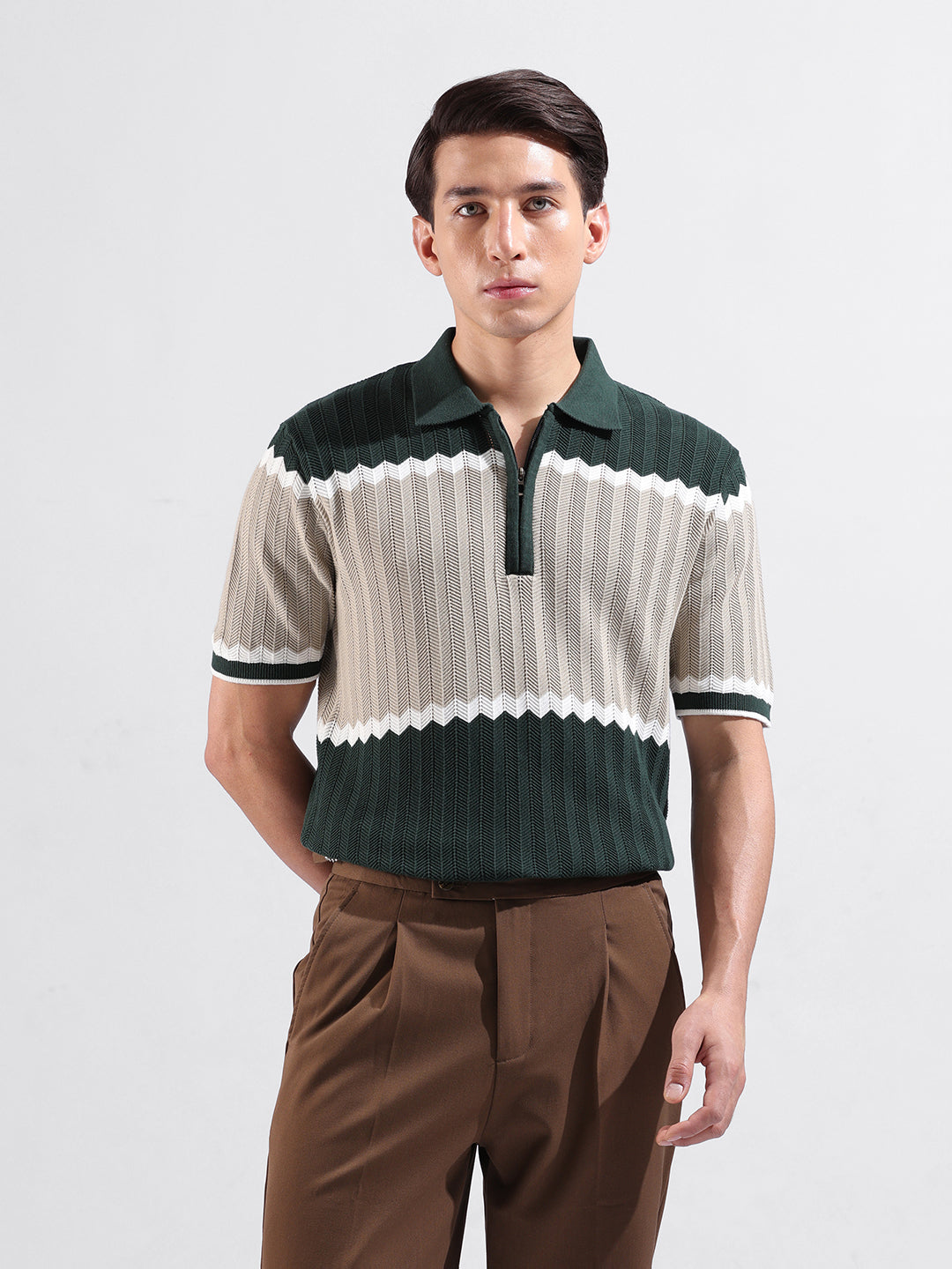Men's Green Slim Fit Textured Flat Knit Polo Collar T-Shirt