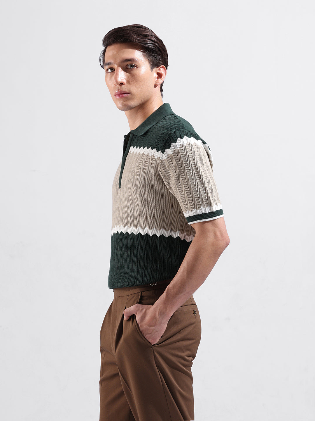 Men's Green Slim Fit Textured Flat Knit Polo Collar T-Shirt