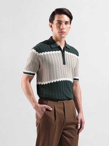 Men's Green Slim Fit Textured Flat Knit Polo Collar T-Shirt