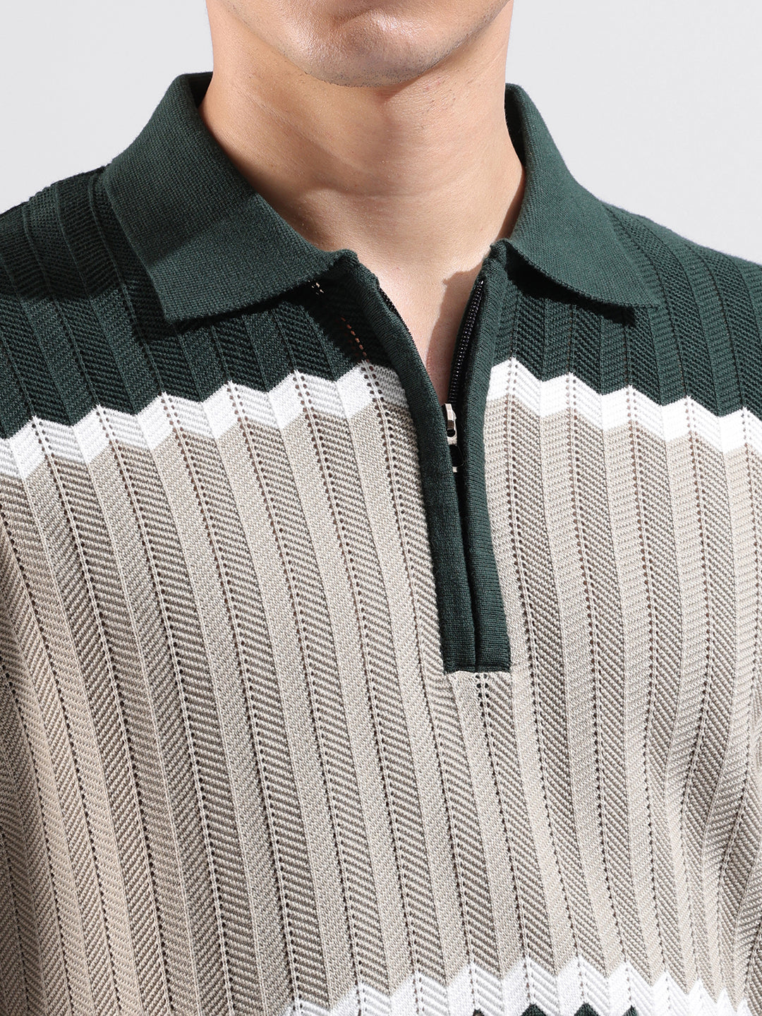 Men's Green Slim Fit Textured Flat Knit Polo Collar T-Shirt