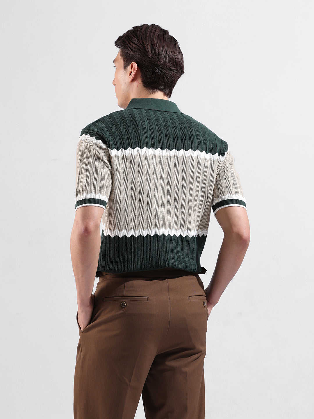 Men's Green Slim Fit Textured Flat Knit Polo Collar T-Shirt