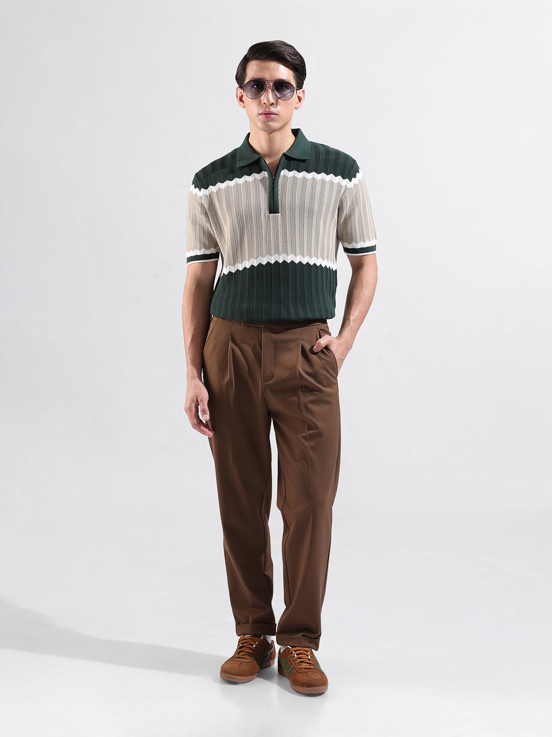 Men's Green Slim Fit Textured Flat Knit Polo Collar T-Shirt