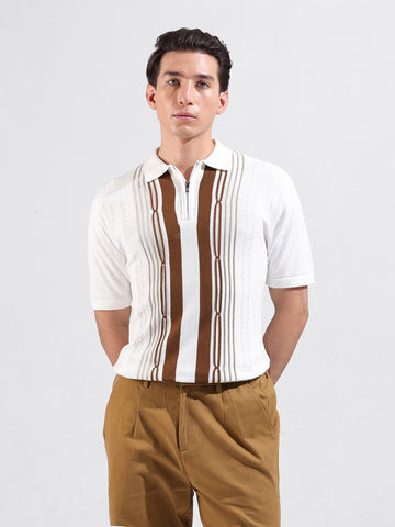 Men's White Slim Fit Textured Flat Knit Polo Collar T-Shirt