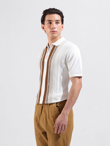 Men's White Slim Fit Textured Flat Knit Polo Collar T-Shirt