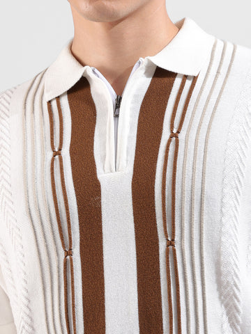 Men's White Slim Fit Textured Flat Knit Polo Collar T-Shirt