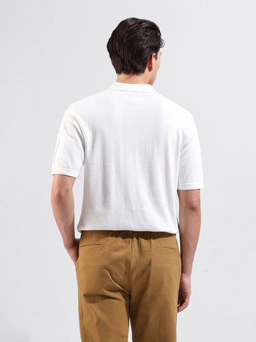 Men's White Slim Fit Textured Flat Knit Polo Collar T-Shirt