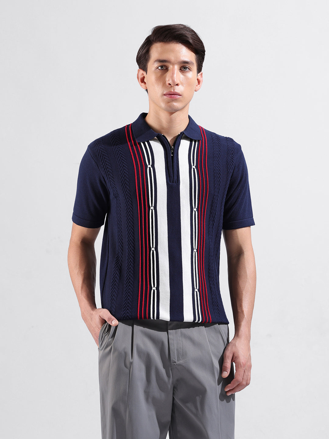 Men's Blue Slim Fit Textured Flat Knit Polo Collar T-Shirt