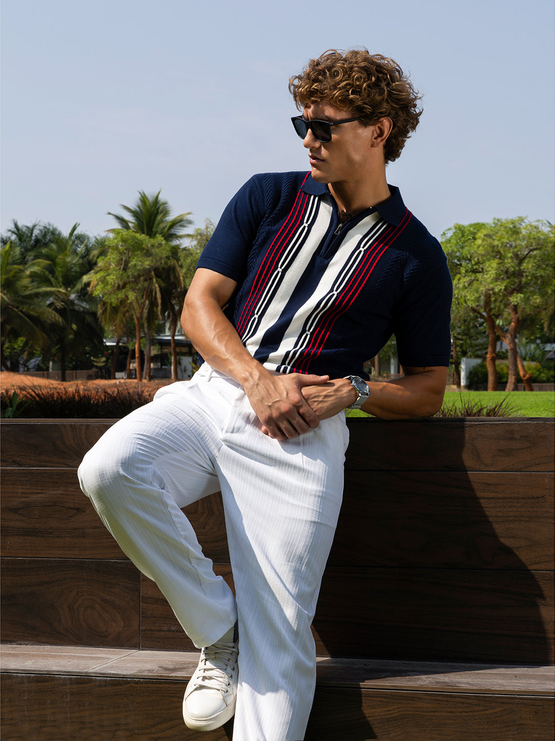 Men's Flat Knit Slim Fit Zipperper Polo Half Sleeve T-shirt