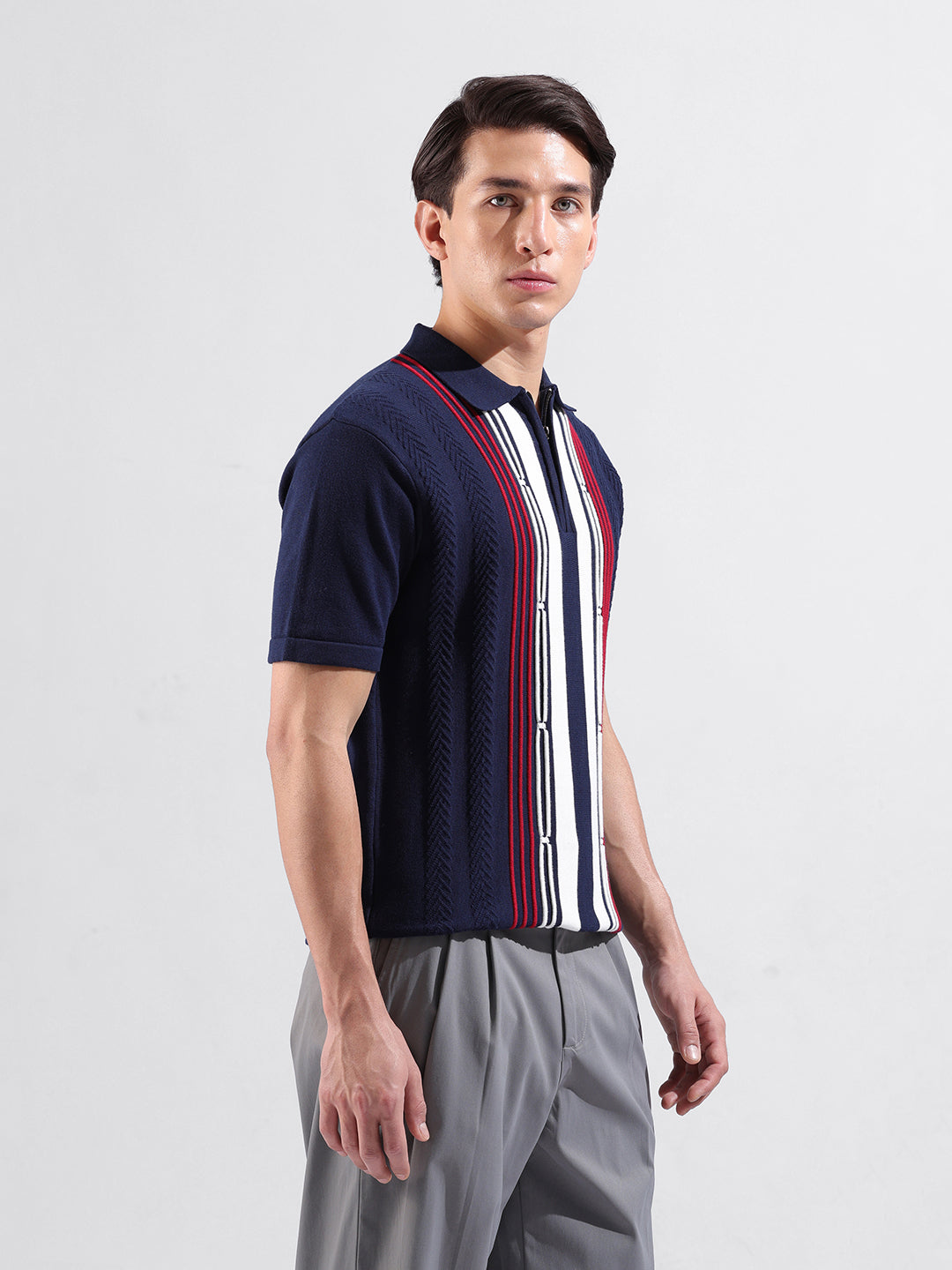 Men's Blue Slim Fit Textured Flat Knit Polo Collar T-Shirt