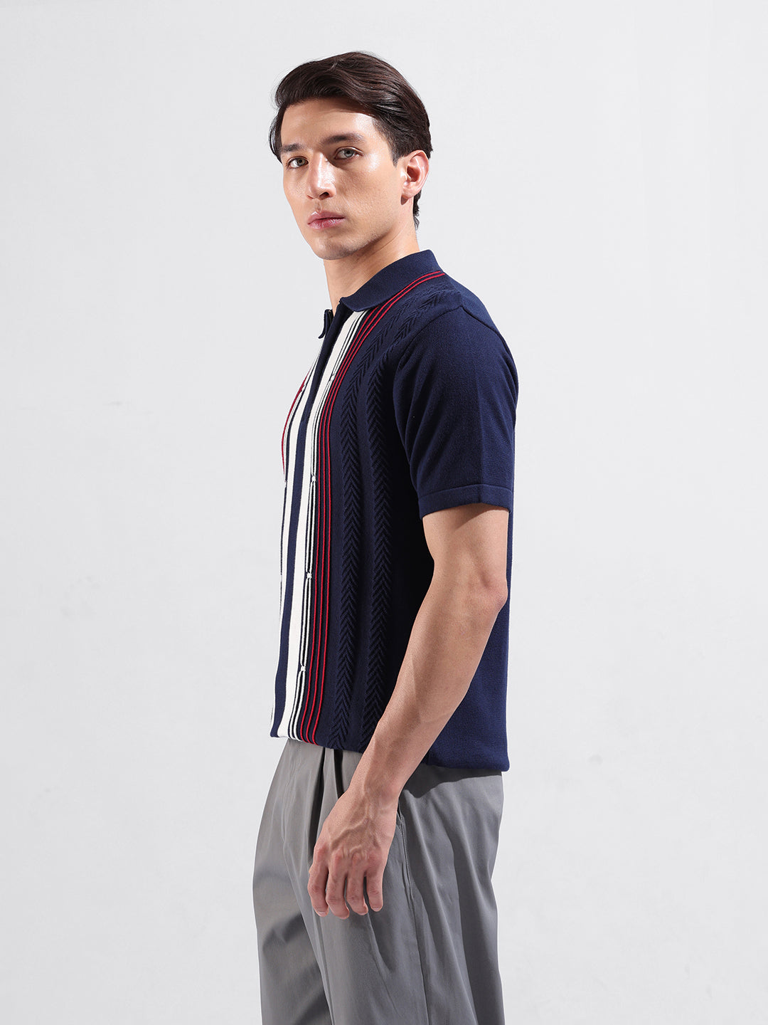 Men's Blue Slim Fit Textured Flat Knit Polo Collar T-Shirt