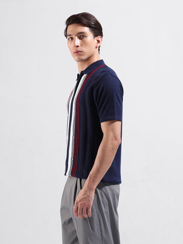 Men's Blue Slim Fit Textured Flat Knit Polo Collar T-Shirt