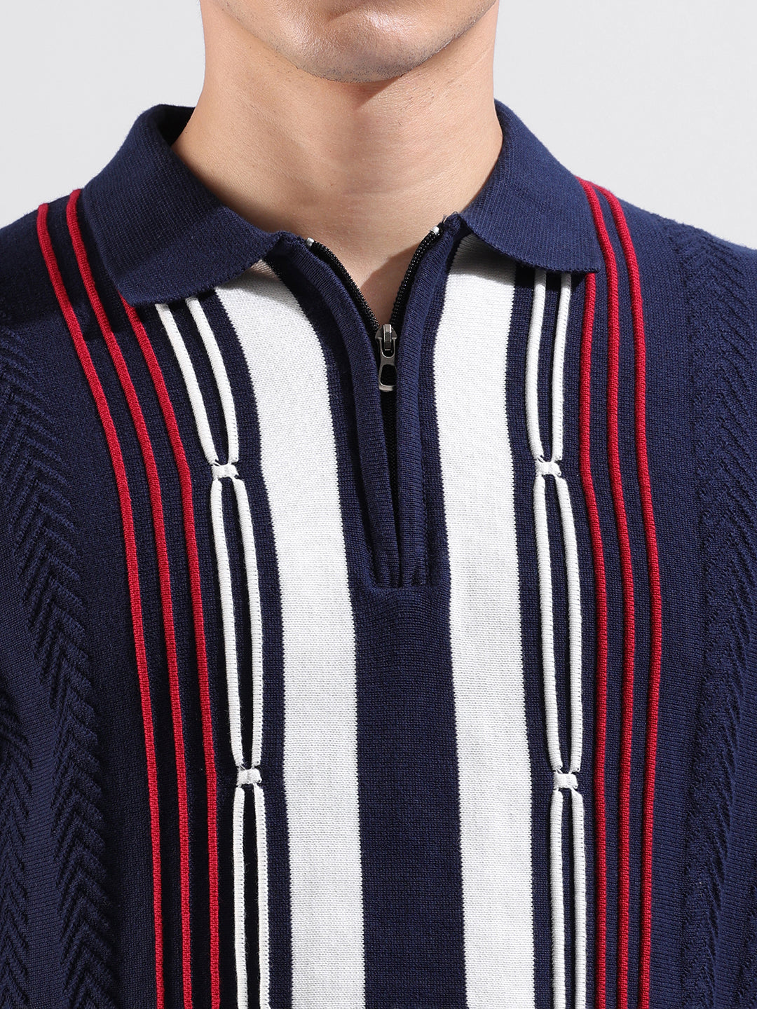 Men's Blue Slim Fit Textured Flat Knit Polo Collar T-Shirt