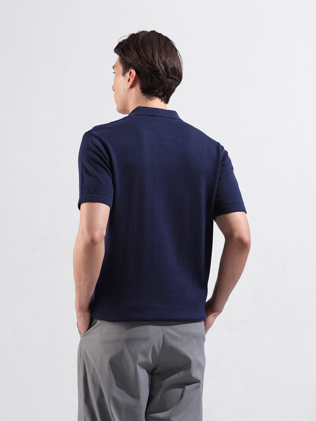 Men's Blue Slim Fit Textured Flat Knit Polo Collar T-Shirt