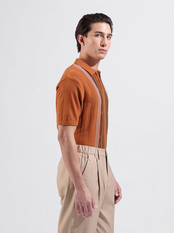Men's Rust Slim Fit Textured Flat Knit Polo Collar T-Shirt