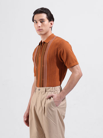 Men's Rust Slim Fit Textured Flat Knit Polo Collar T-Shirt
