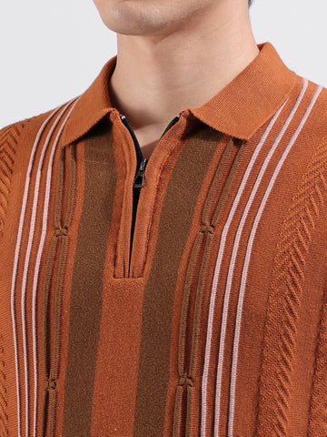 Men's Rust Slim Fit Textured Flat Knit Polo Collar T-Shirt