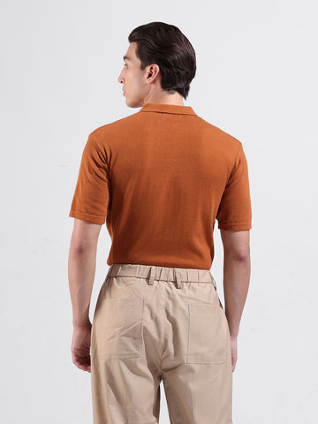 Men's Rust Slim Fit Textured Flat Knit Polo Collar T-Shirt