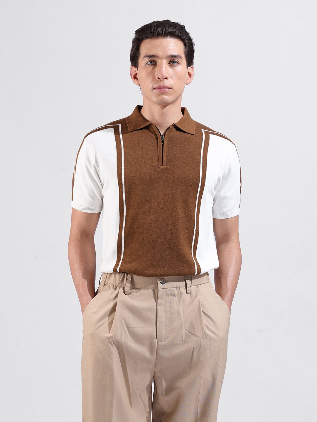 Men's White Slim Fit Textured Flat Knit Polo Collar T-Shirt