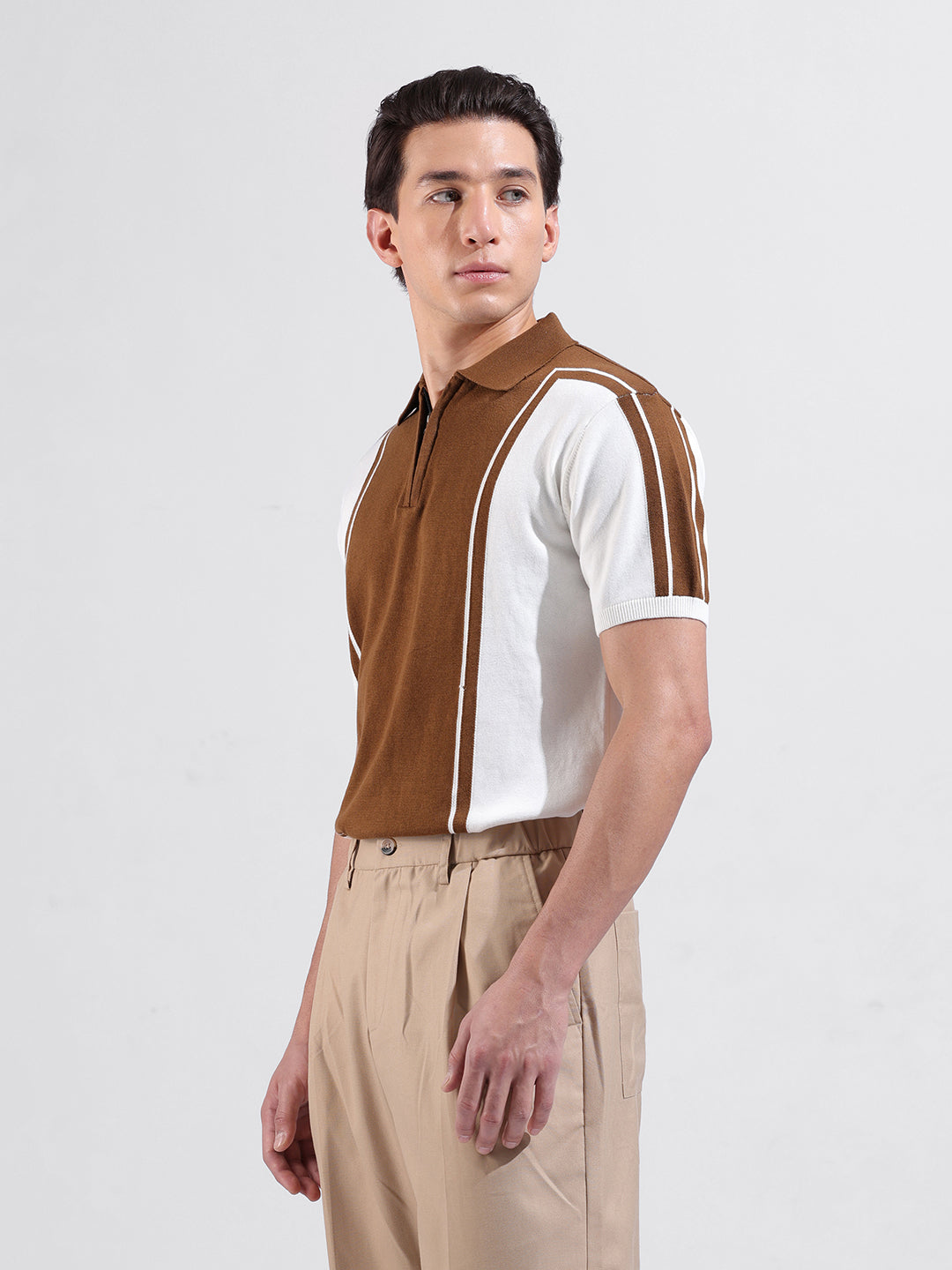 Men's White Slim Fit Textured Flat Knit Polo Collar T-Shirt
