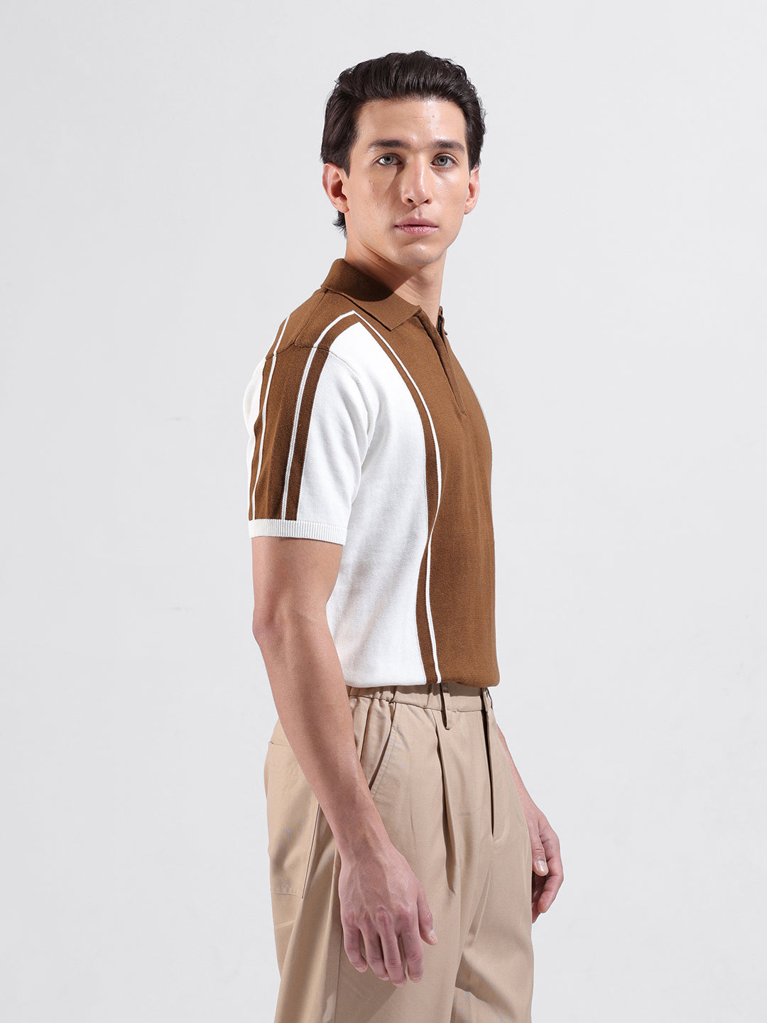 Men's White Slim Fit Textured Flat Knit Polo Collar T-Shirt