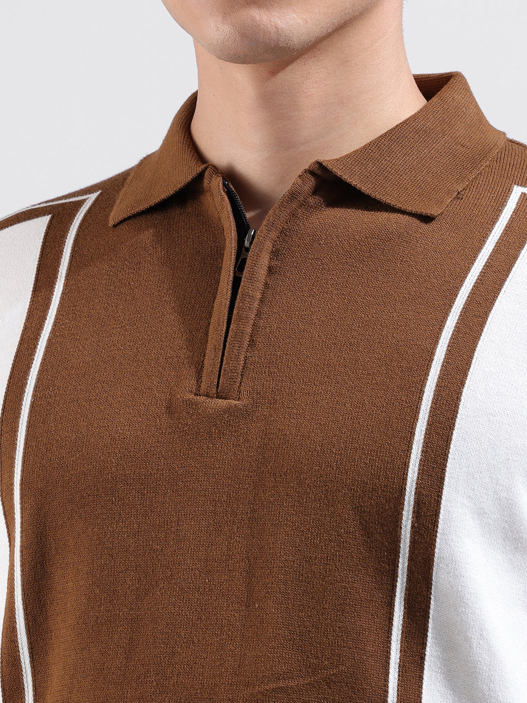 Men's White Slim Fit Textured Flat Knit Polo Collar T-Shirt