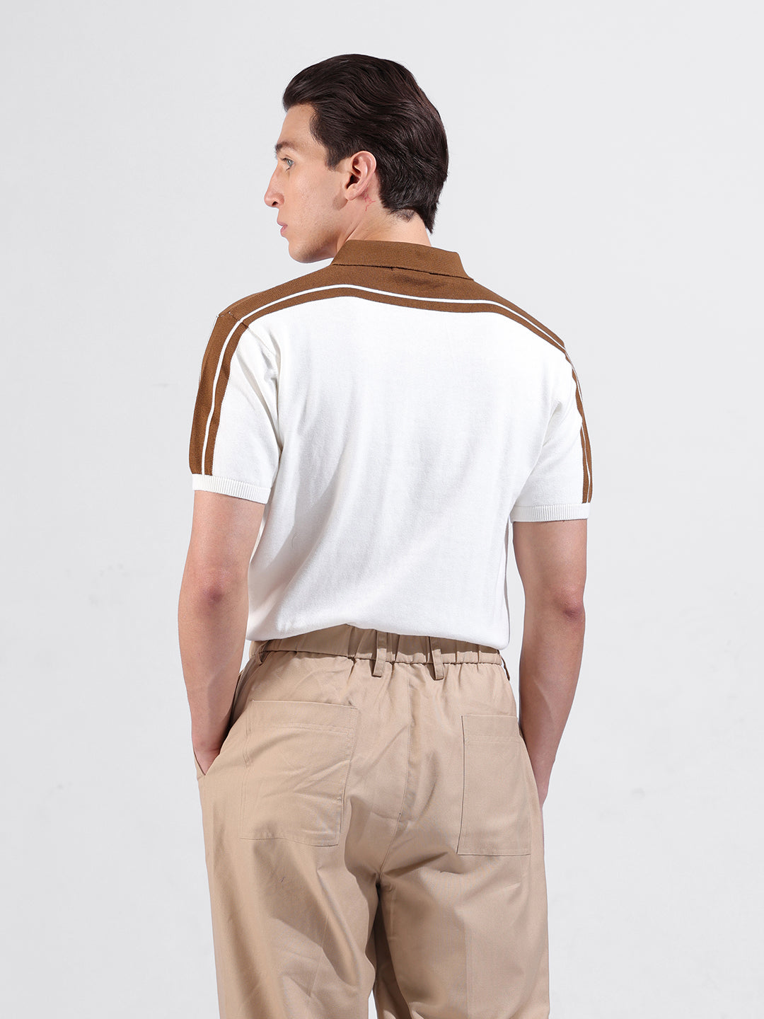 Men's White Slim Fit Textured Flat Knit Polo Collar T-Shirt
