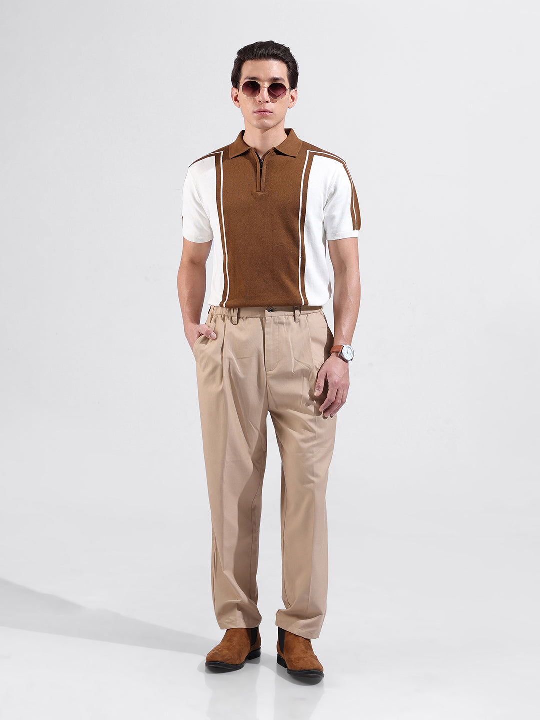 Men's White Slim Fit Textured Flat Knit Polo Collar T-Shirt