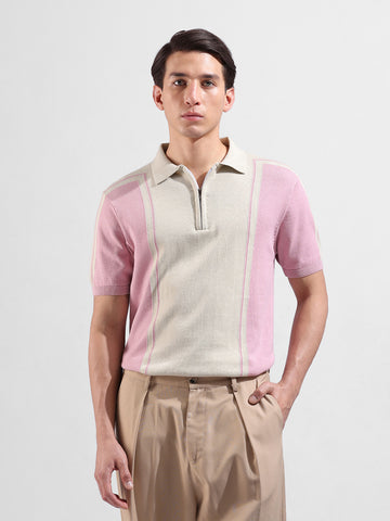 Men's Pink Slim Fit Textured Flat Knit Polo Collar T-Shirt