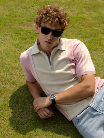 Men's Pink Slim Fit Textured Flat Knit Polo Collar T-Shirt