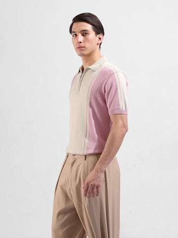 Men's Pink Slim Fit Textured Flat Knit Polo Collar T-Shirt