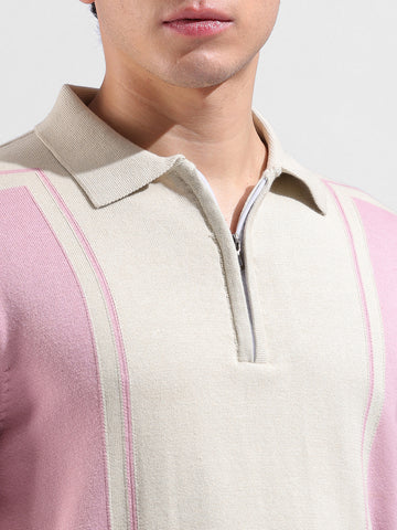 Men's Pink Slim Fit Textured Flat Knit Polo Collar T-Shirt