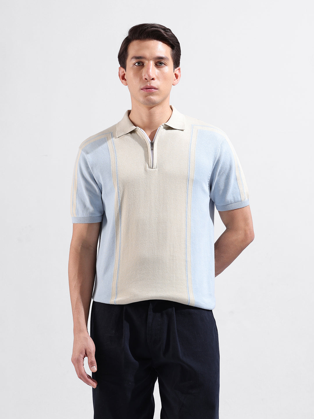 Men's Flat Knit Zipper slim Polo T-shirt